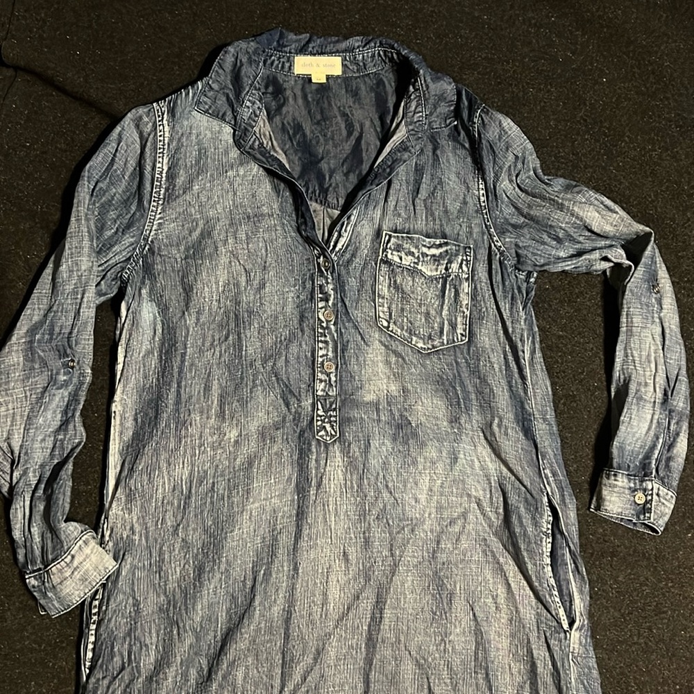 Cloth & Stone Chambray Denim Long Sleeve Shirt Dress w/ Pockets Sz Medium